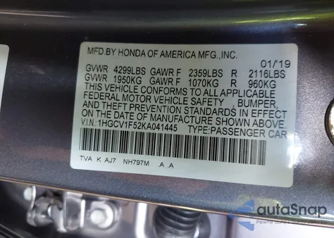2019 Honda Accord Ex-L z USA, uszkodzony, nr VIN 1HGCV1F52KA041445